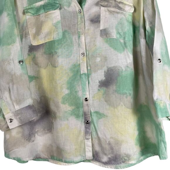 JM Collection Tie-Dye Linen Shirt Size 14 Collarless Button Front - Picture 3 of 9